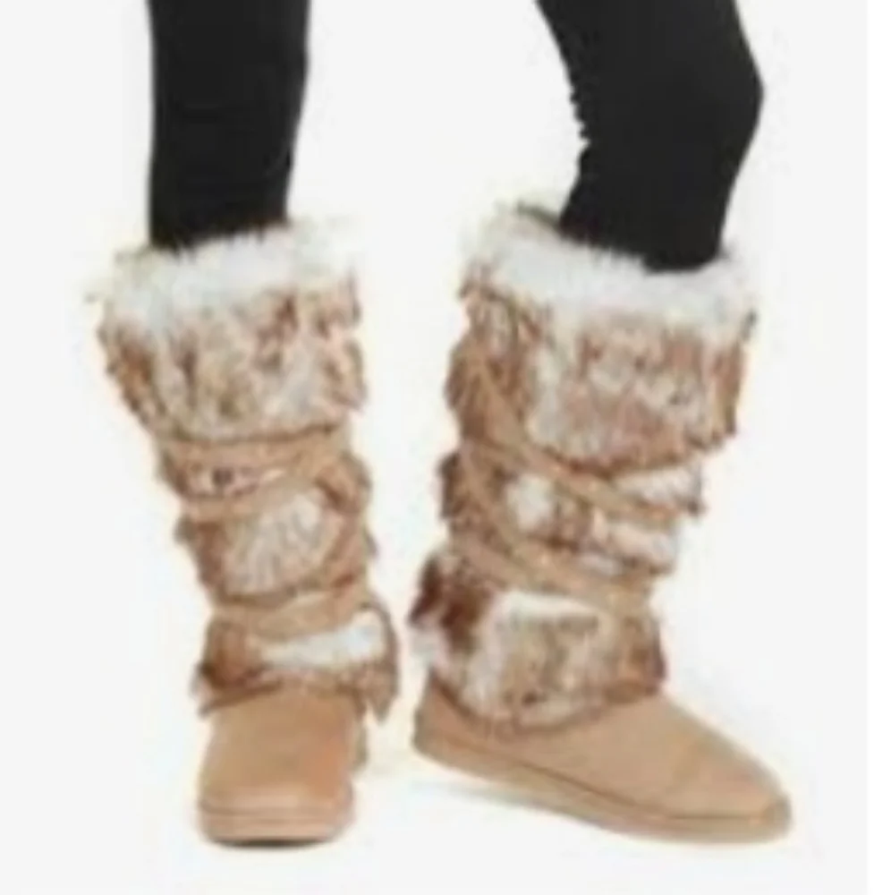 Fur Boots Tall Knee High Winter Snow Boots Neutral Beige Taupe Womens Size 10